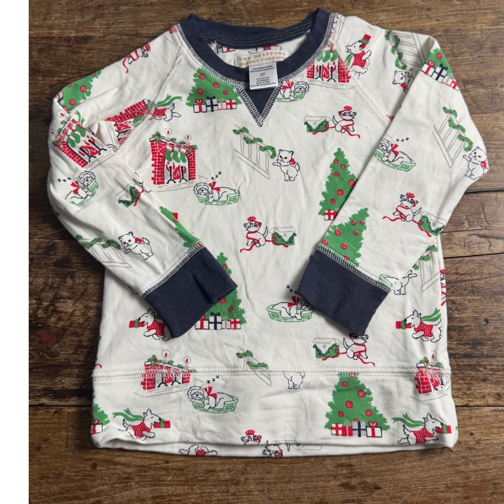 The Beaufort Bonnet Company Christmas Dog Print PJ Top Size 2T Cream Navy Kids